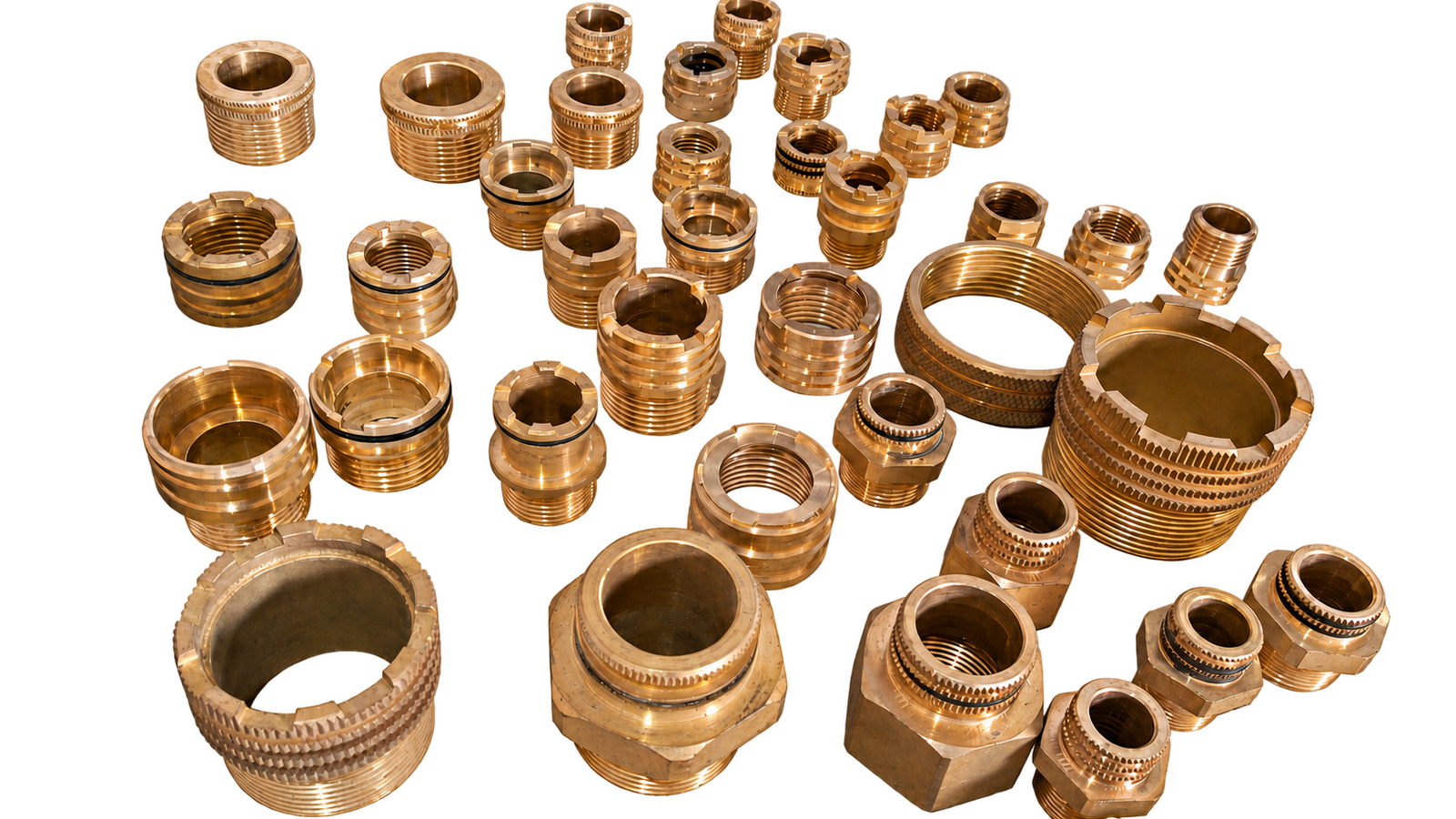 Assorted machined bronze threaded fittings and bushes