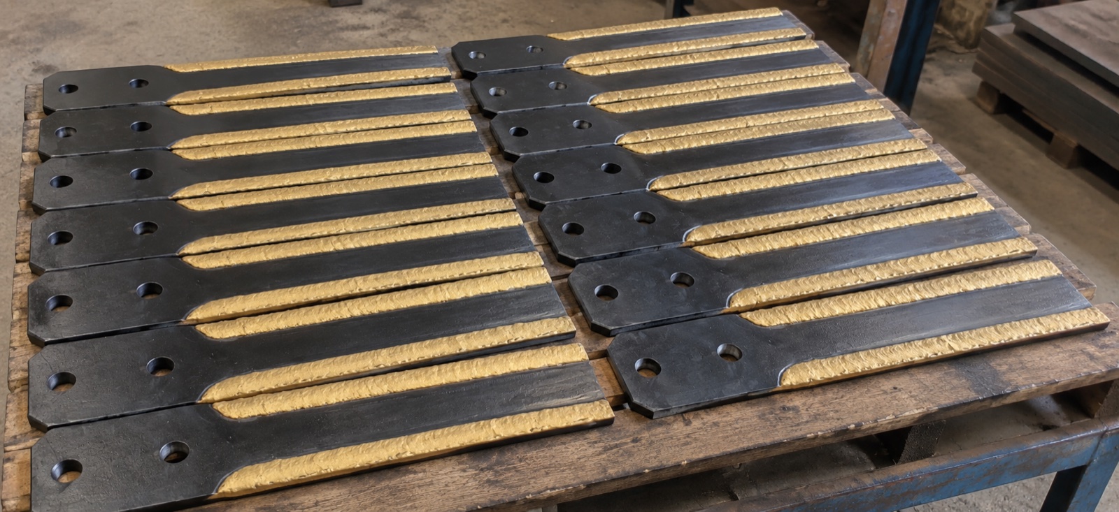 Bulk sugarcane knives on a workshop pallet